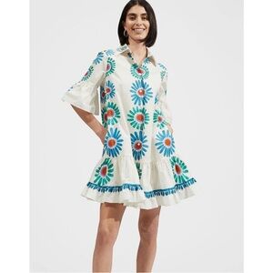 LA DoubleJ Choux Placee Poplin Ruffle Hem Button Down Floral Print Mini Dress